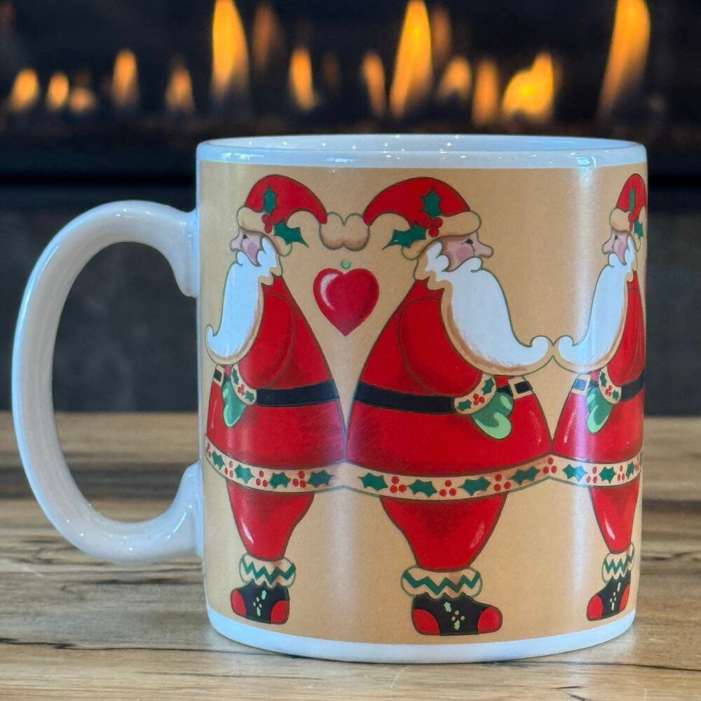 Vintage Russ Berrie Christmas Santa Mug Hearts Holly Retro Holiday Coffee Cup